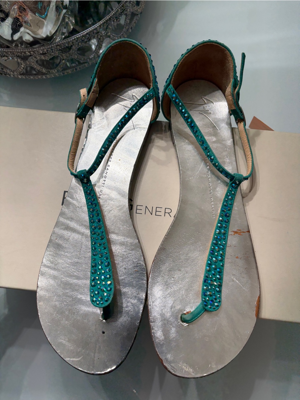 Giuseppe Zanotti Teal Crystal T-Strap Sandals 41